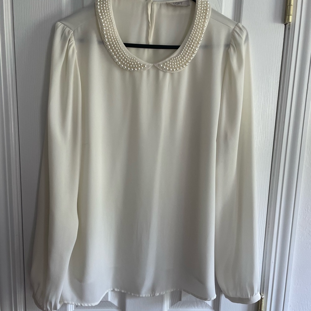 LOFT blouse with pearl accent collar size L